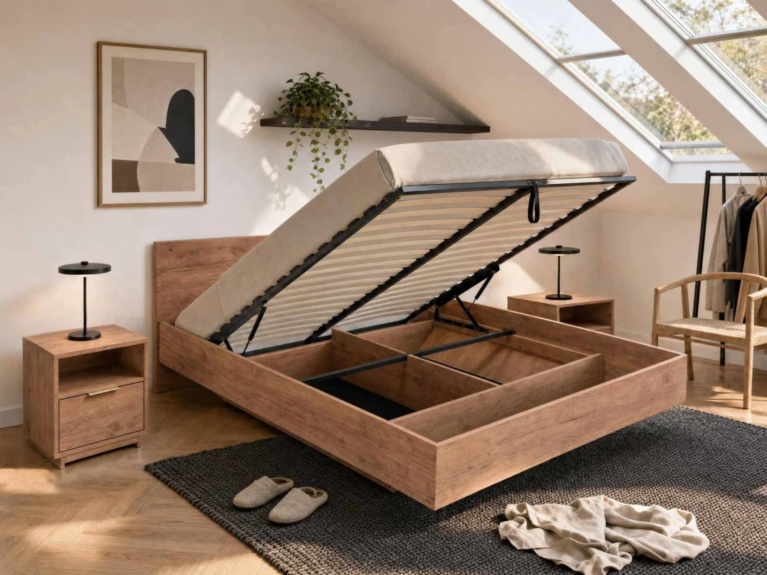 Levitációs ágy bútorlapból, tárolóhellyel 180x200 DM2 tölgy craft