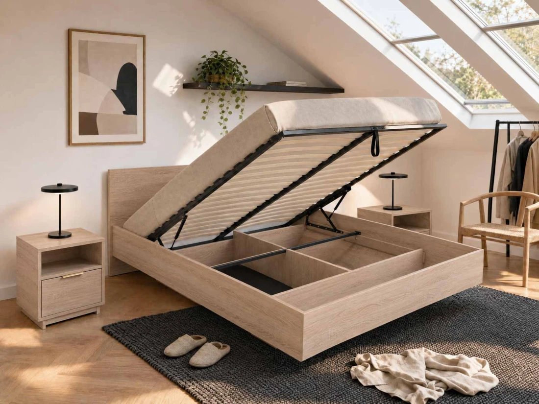 Levitációs ágy bútorlapból, tárolóhellyel 180x200 DM2 tölgy sonoma
