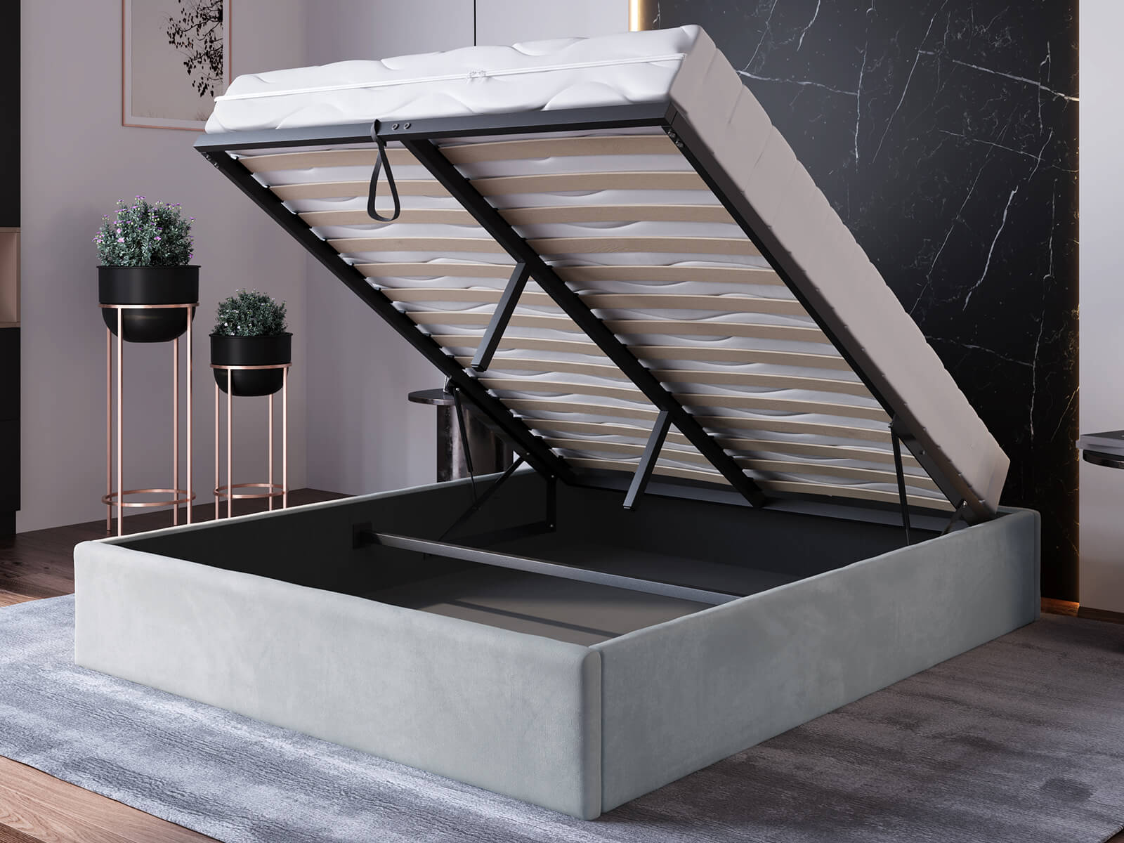 Kárpitozott ágy tárolóhellyel 120x200 fejtámla nélkül  BOX Line Szürke Velvet