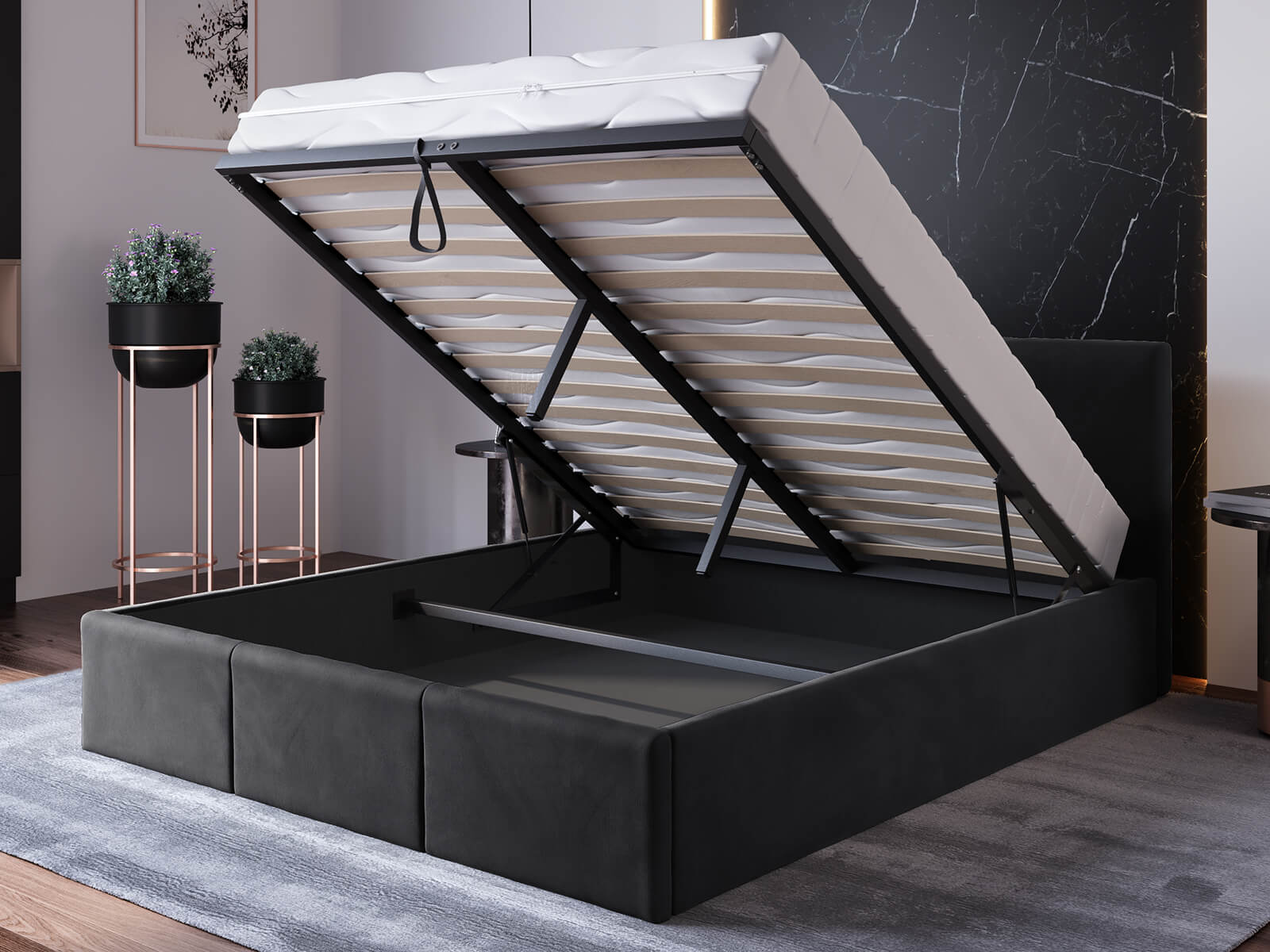 Kárpitozott ágy tárolóhellyel TOP line 7 140x200 Fekete Velvet