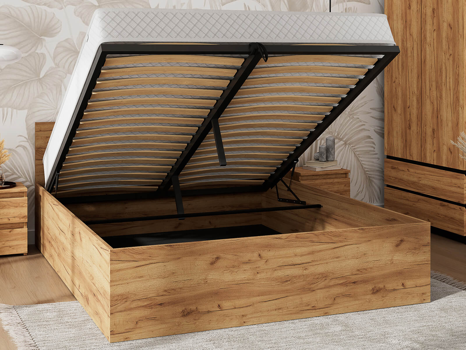 Ágy 120x200 emelhető fémkerettel és tárolórekesszel DM1 tölgy craft